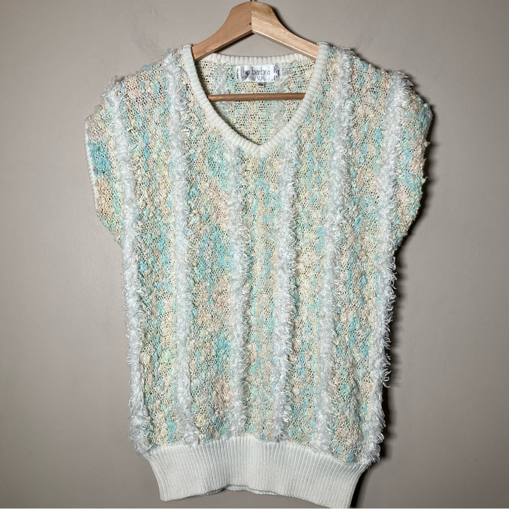Vintage top Sweater 80s Barbra Sue Pastel Chunky Knit Fuzzy women’s size S
